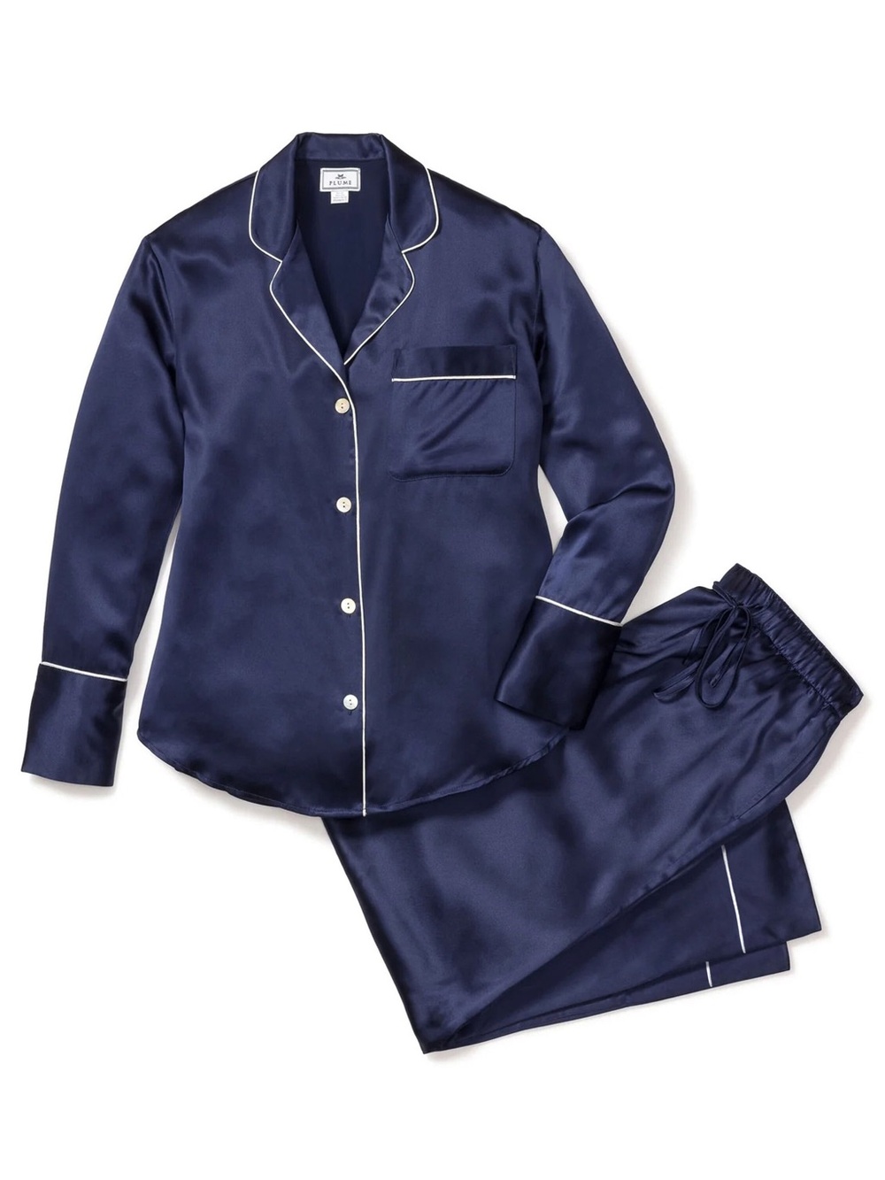 Petite Plume 100% Silk Pajama Set Navy White Piping Women’s M $295